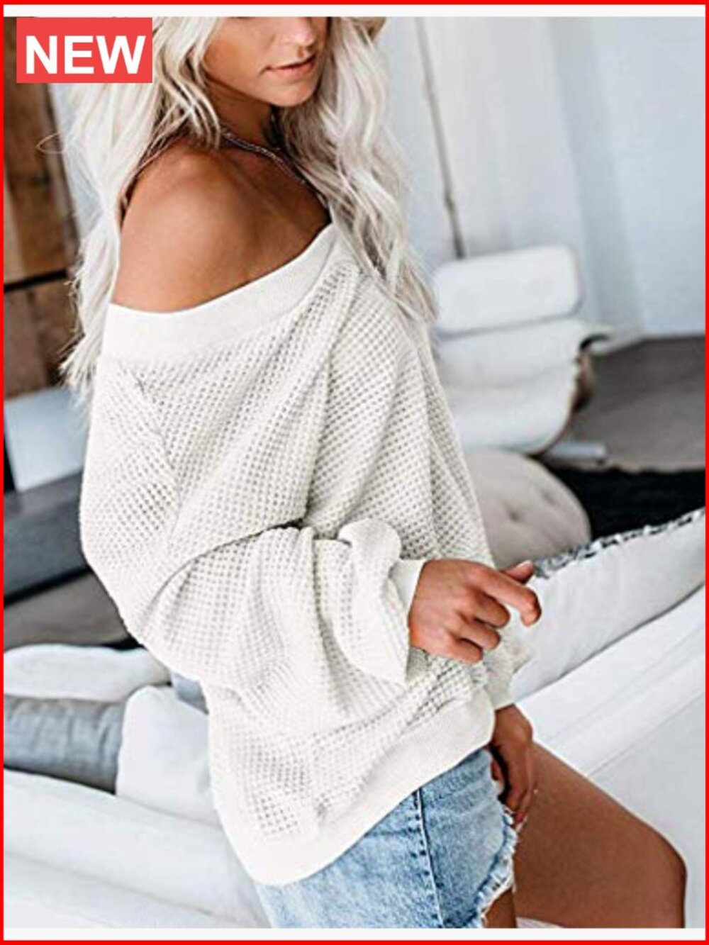 V Neck Long Sleeve Waffle Knit Off Shoulder Oversized Pullover Sweater - Picture 2 of 7